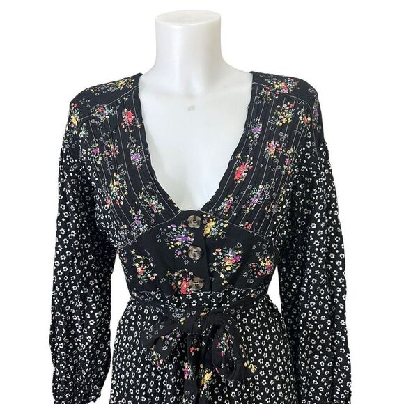 Free People Wonderland Printed A-Line Mini Dress Black Floral sz Small New - Picture 2 of 11